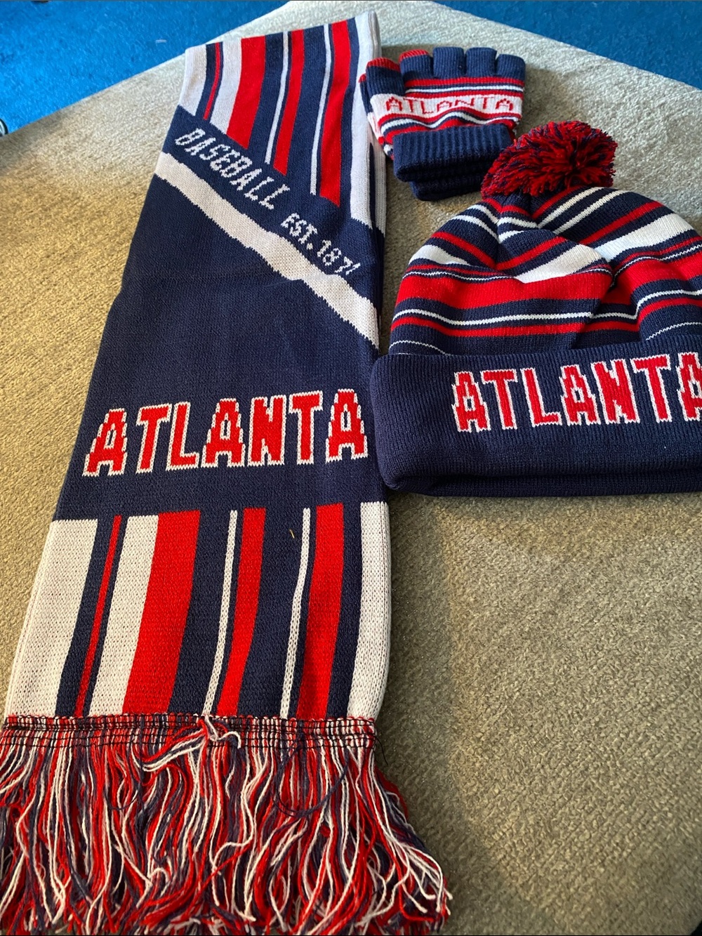 Atlanta Pom Beanie and Scarf Gloves Set - Navy, Red & White by Amzwhale